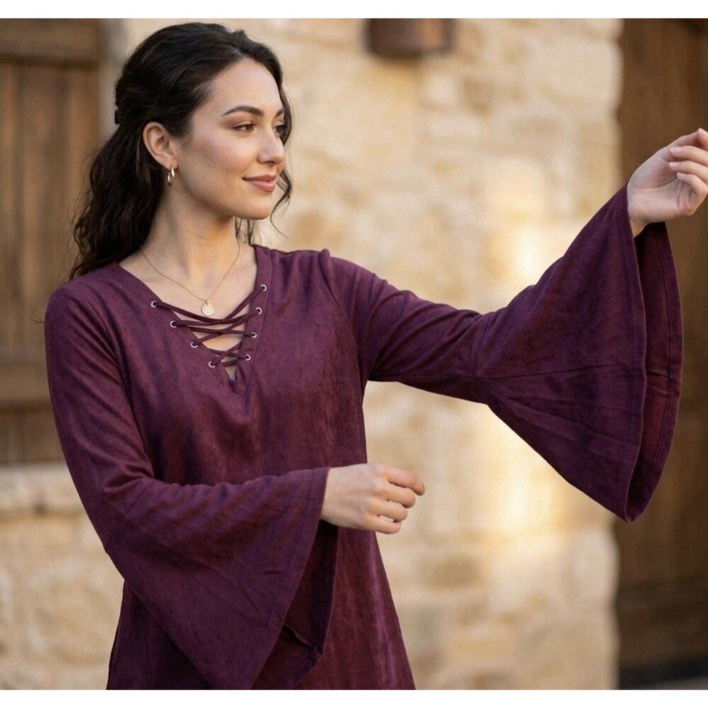 Relativity Women's Blouse Shirt Boho Size L purple Feel Long Bell Sleeves